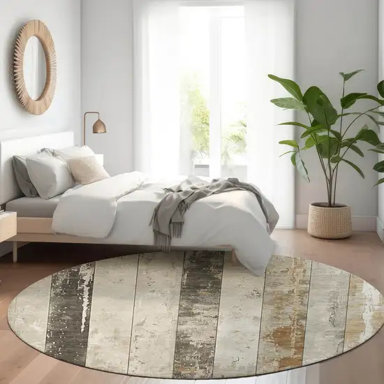 8' Beige And Charcoal Round Striped Washable Indoor Outdoor Area Rug Photo 7