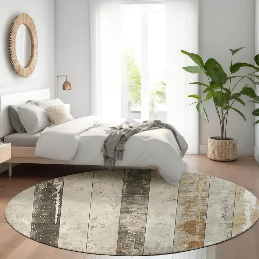 8' Beige And Charcoal Round Striped Washable Indoor Outdoor Area Rug Photo 7