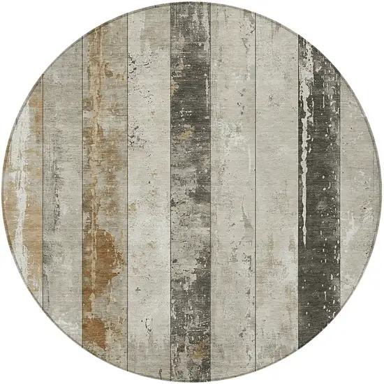 8' Beige And Charcoal Round Striped Washable Indoor Outdoor Area Rug Photo 3