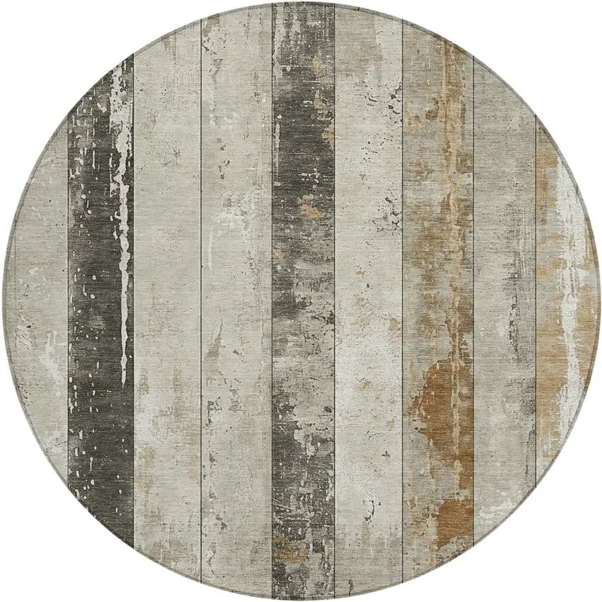 8' Beige And Charcoal Round Striped Washable Indoor Outdoor Area Rug Photo 1