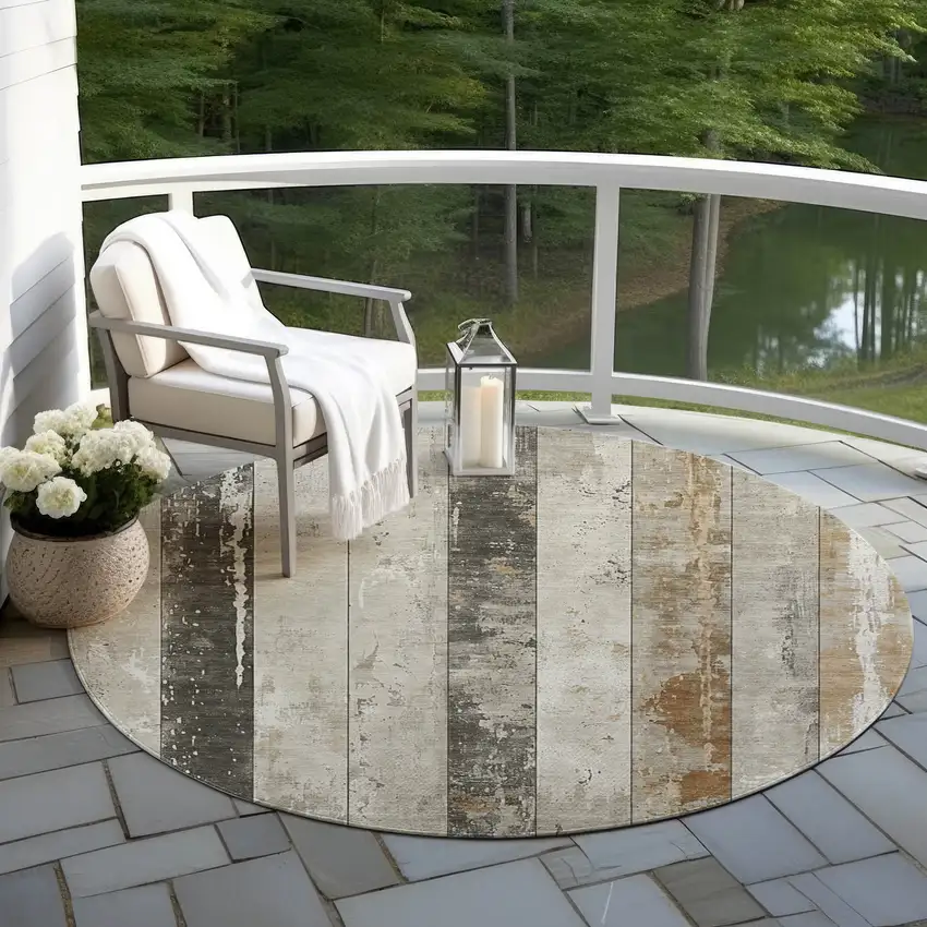 8' Beige And Charcoal Round Striped Washable Indoor Outdoor Area Rug Photo 6