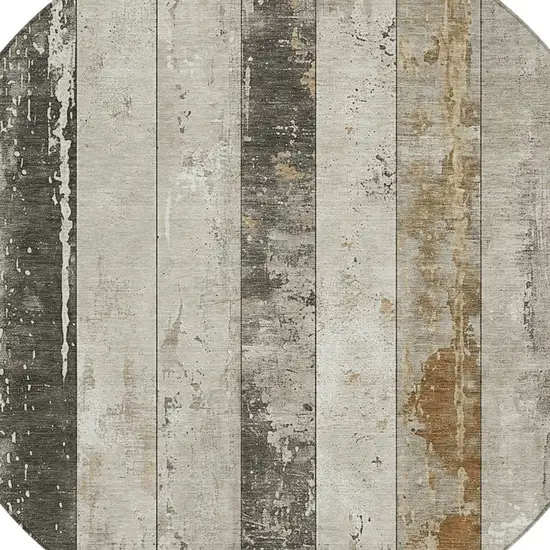 8' Beige And Charcoal Round Striped Washable Indoor Outdoor Area Rug Photo 9