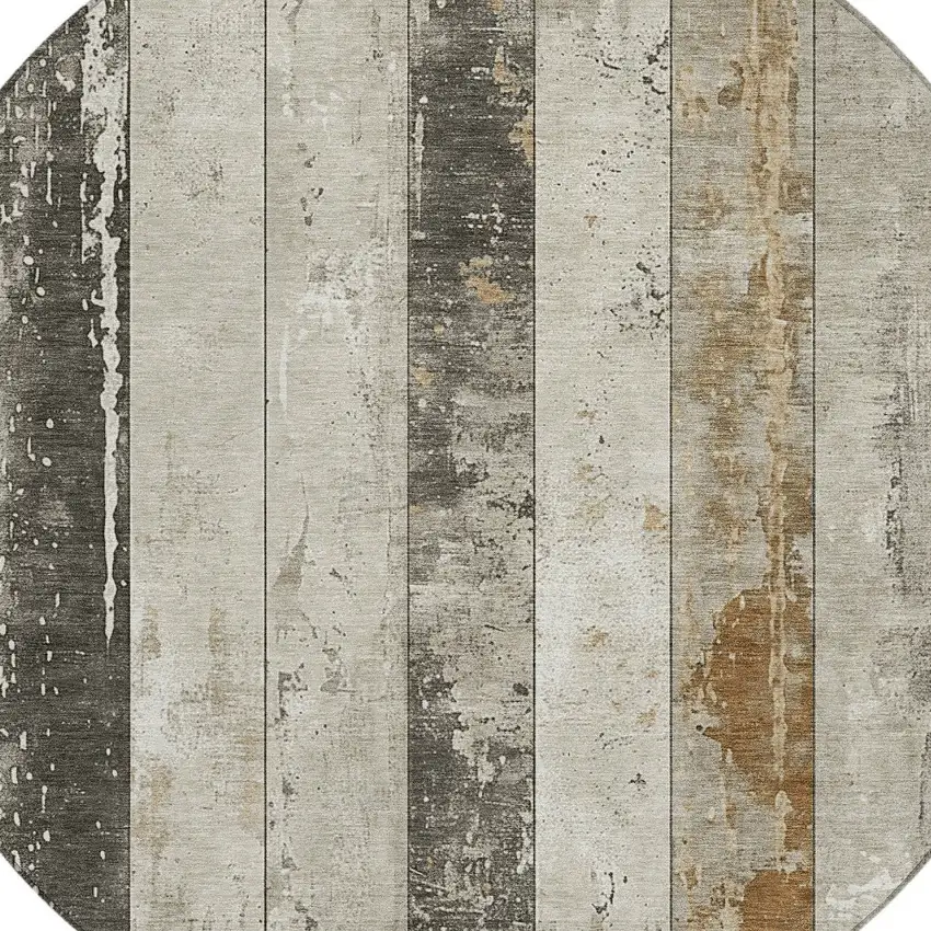 8' Beige And Charcoal Round Striped Washable Indoor Outdoor Area Rug Photo 9