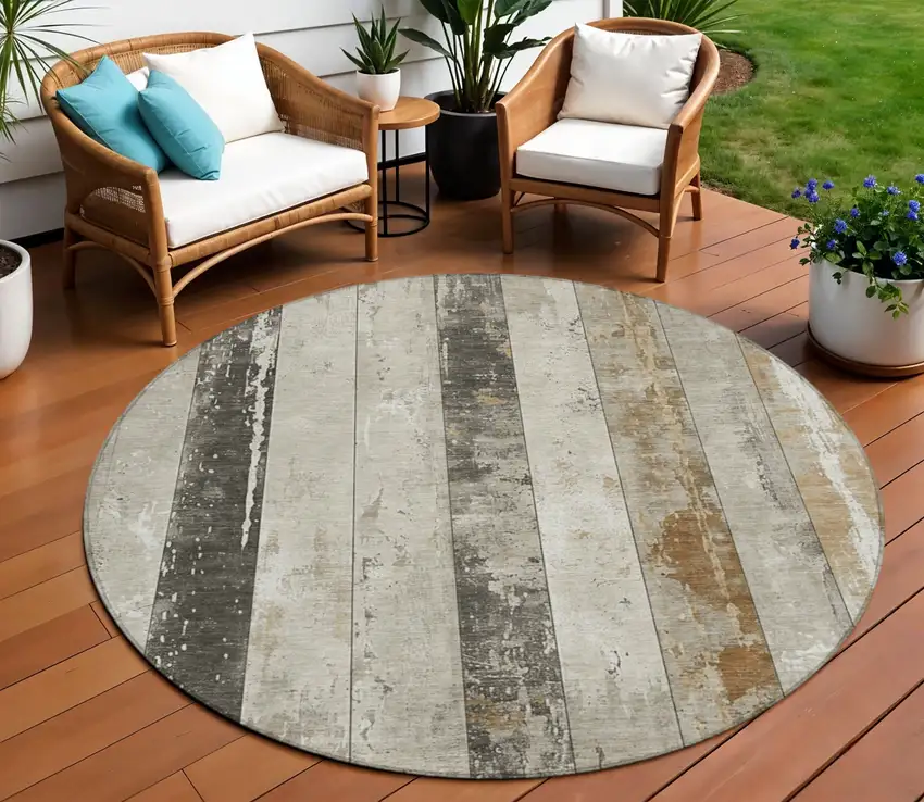 8' Beige And Charcoal Round Striped Washable Indoor Outdoor Area Rug Photo 2
