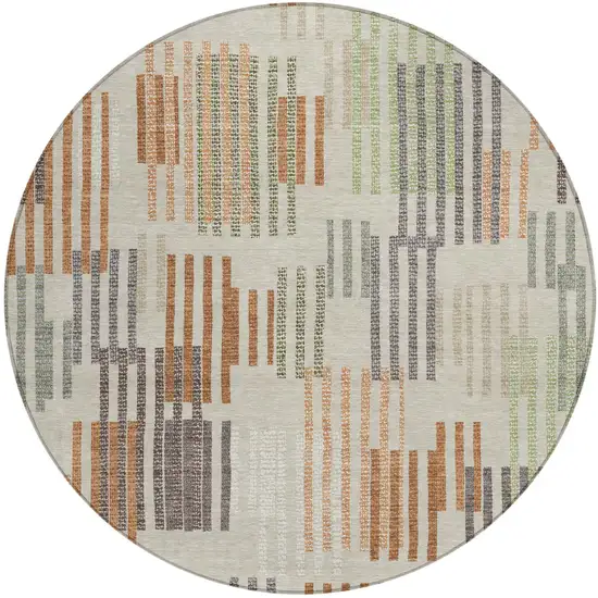 8' Beige And Charcoal Round Striped Washable Indoor Outdoor Area Rug Photo 1