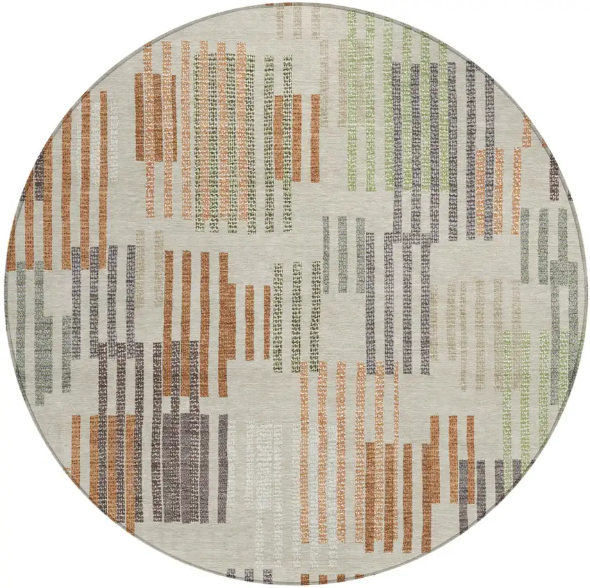 8' Beige And Charcoal Round Striped Washable Indoor Outdoor Area Rug Photo 1