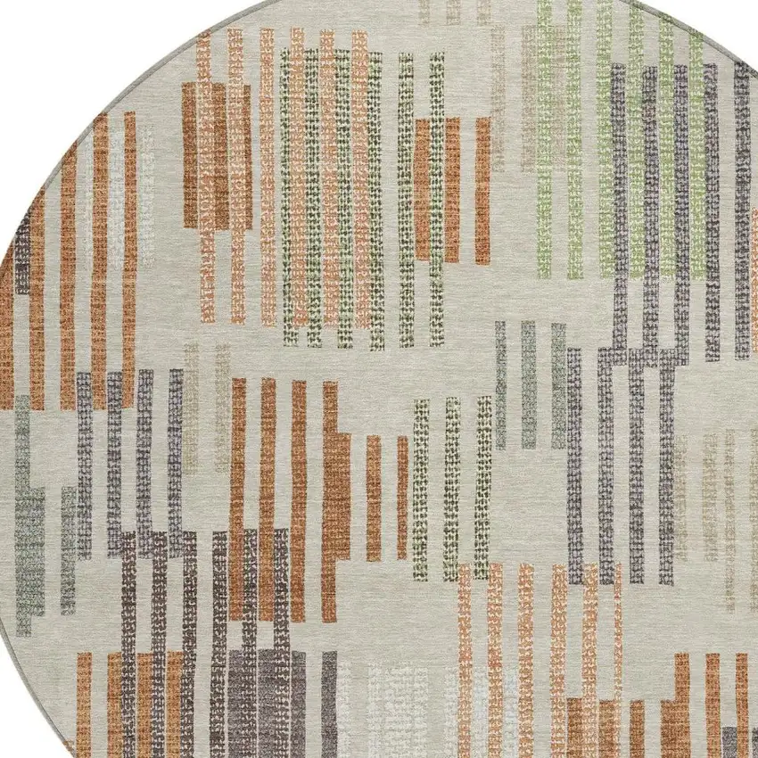 8' Beige And Charcoal Round Striped Washable Indoor Outdoor Area Rug Photo 2