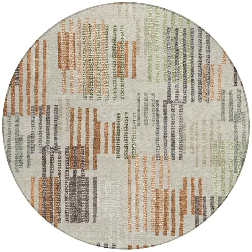 8' Beige And Charcoal Round Striped Washable Indoor Outdoor Area Rug Photo 3