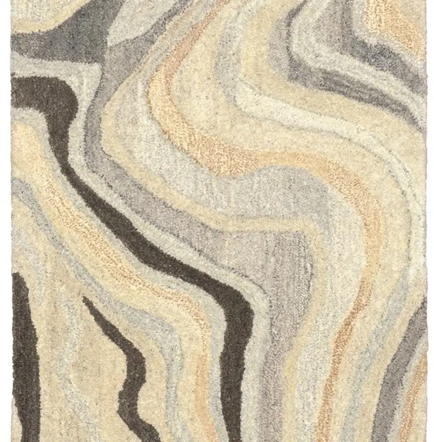 8' Beige And Charcoal Wool Abstract Hand Tufted Runner Rug Photo 5