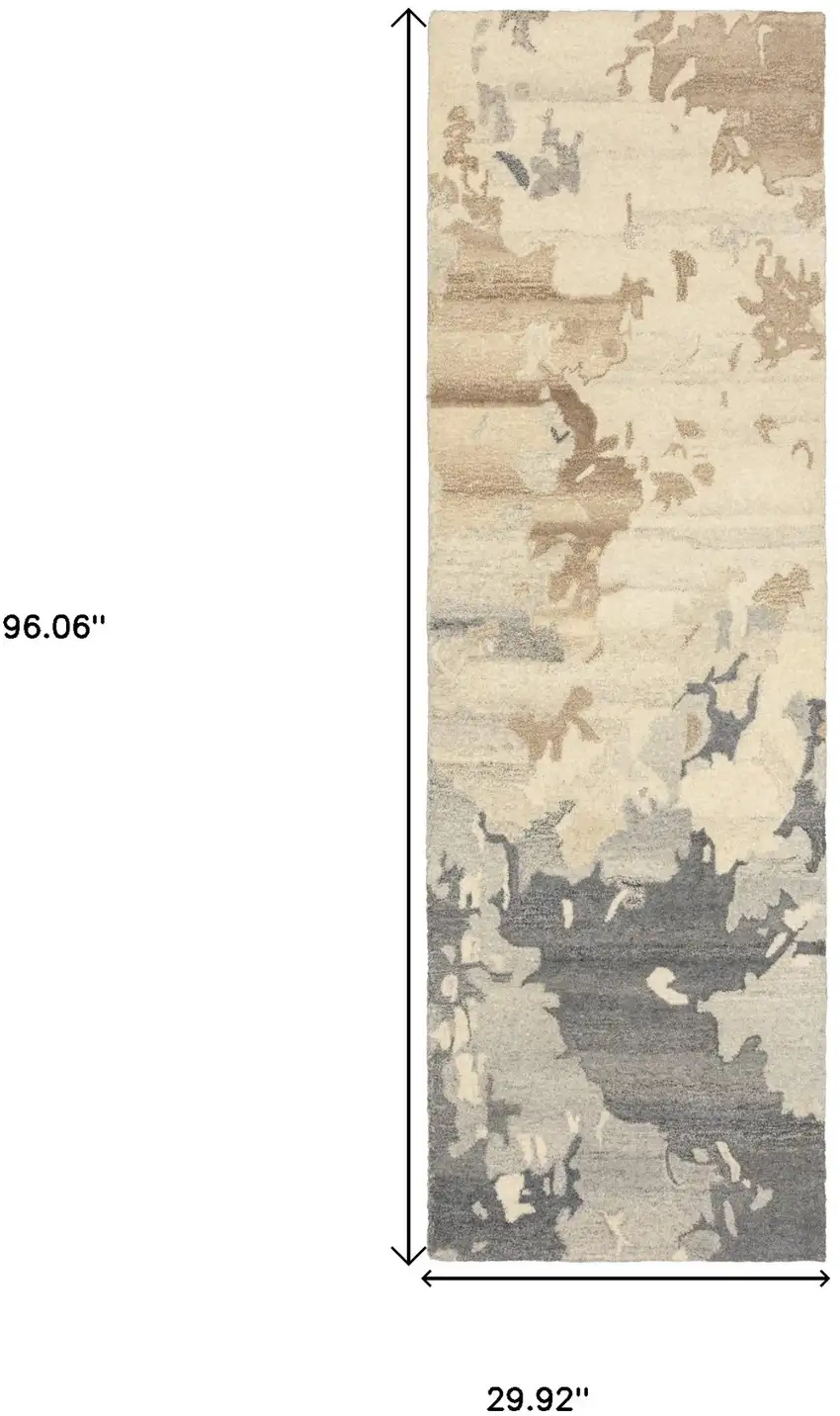 8' Beige And Charcoal Wool Abstract Hand Tufted Runner Rug Photo 3