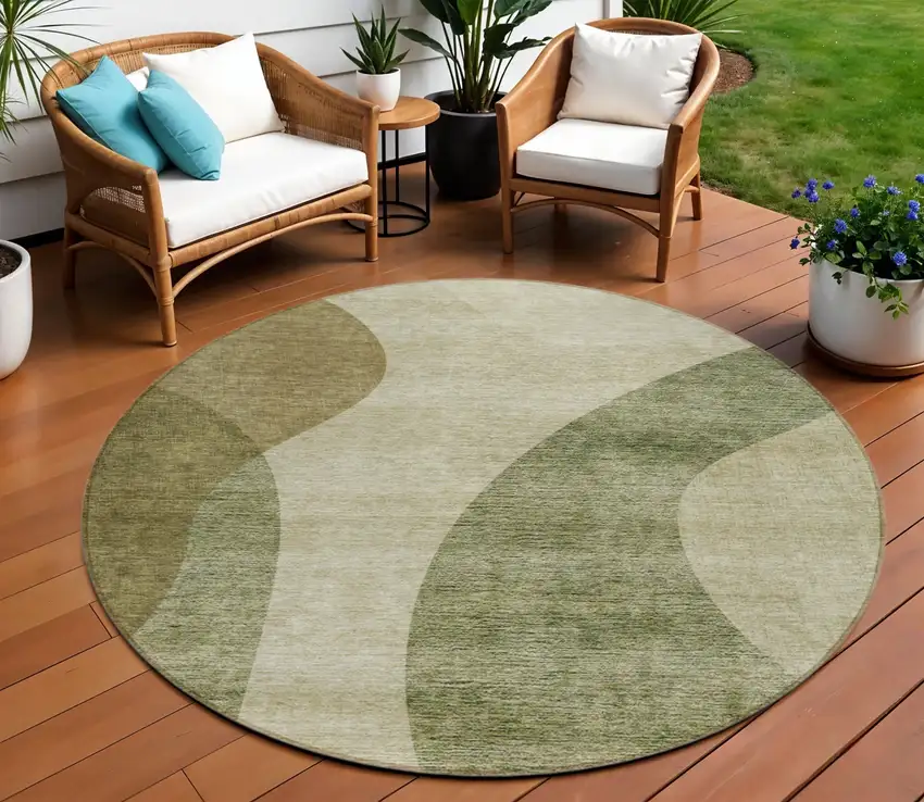 8' Beige And Chocolate Round Abstract Washable Indoor Outdoor Area Rug Photo 1