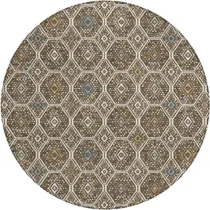 Photo of 8' Beige And Chocolate Round Geometric Washable Indoor Outdoor Area Rug