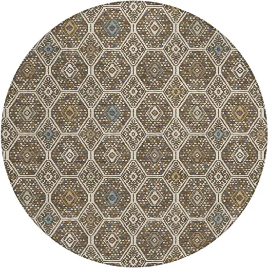 8' Beige And Chocolate Round Geometric Washable Indoor Outdoor Area Rug Photo 1