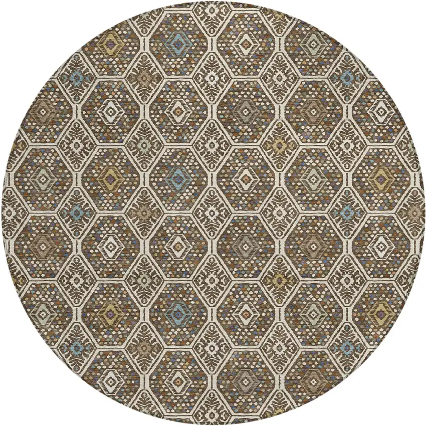 8' Beige And Chocolate Round Geometric Washable Indoor Outdoor Area Rug Photo 1