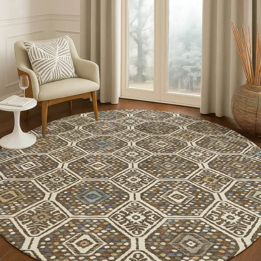 8' Beige And Chocolate Round Geometric Washable Indoor Outdoor Area Rug Photo 4