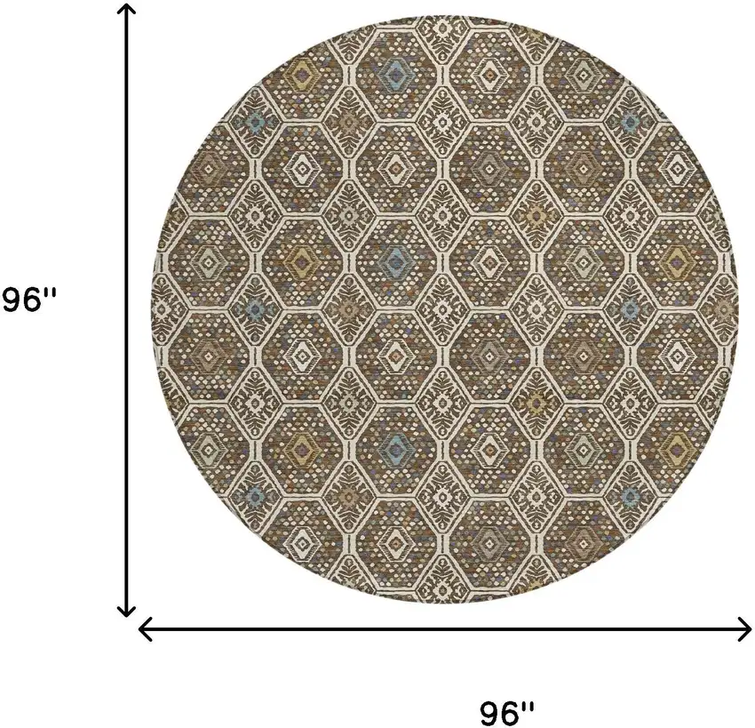 8' Beige And Chocolate Round Geometric Washable Indoor Outdoor Area Rug Photo 6