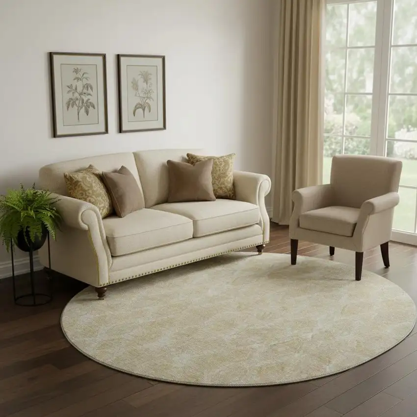 8' Beige And Coffee Diamond Washable Round Rug With UV Protection Photo 1