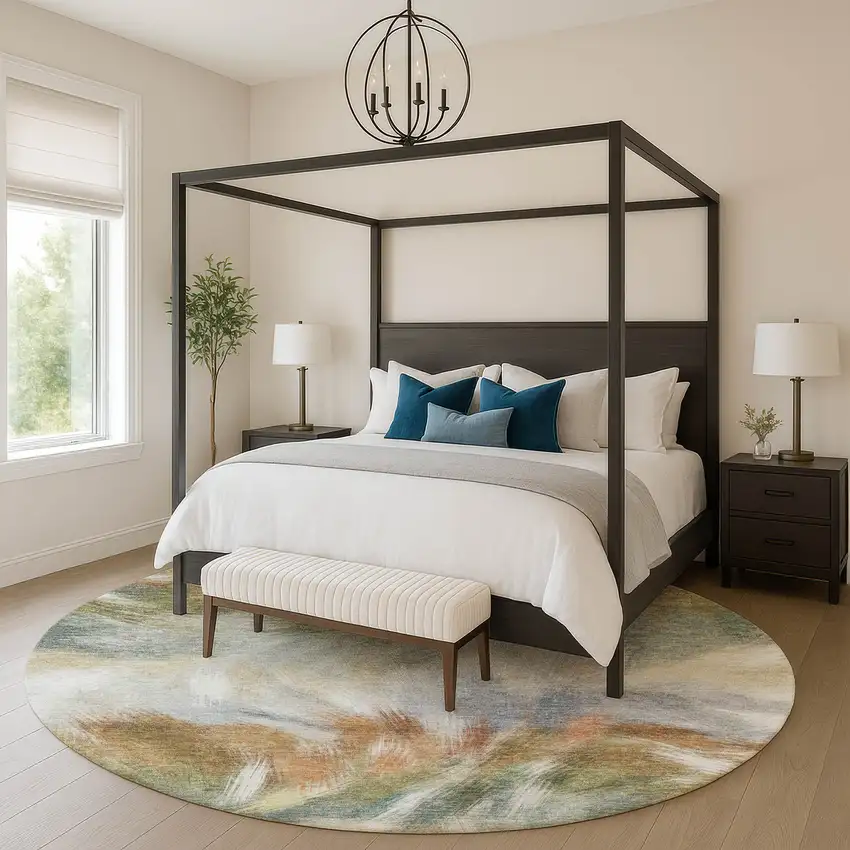 8' Beige And Copper Abstract Washable Round Rug With UV Protection Photo 5