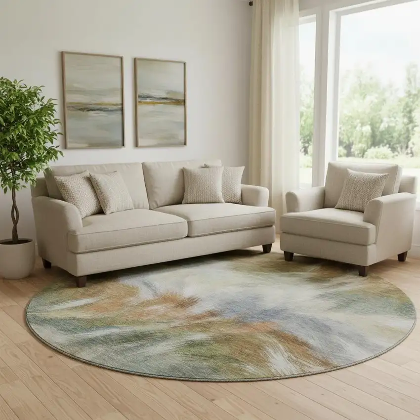 8' Beige And Copper Abstract Washable Round Rug With UV Protection Photo 2