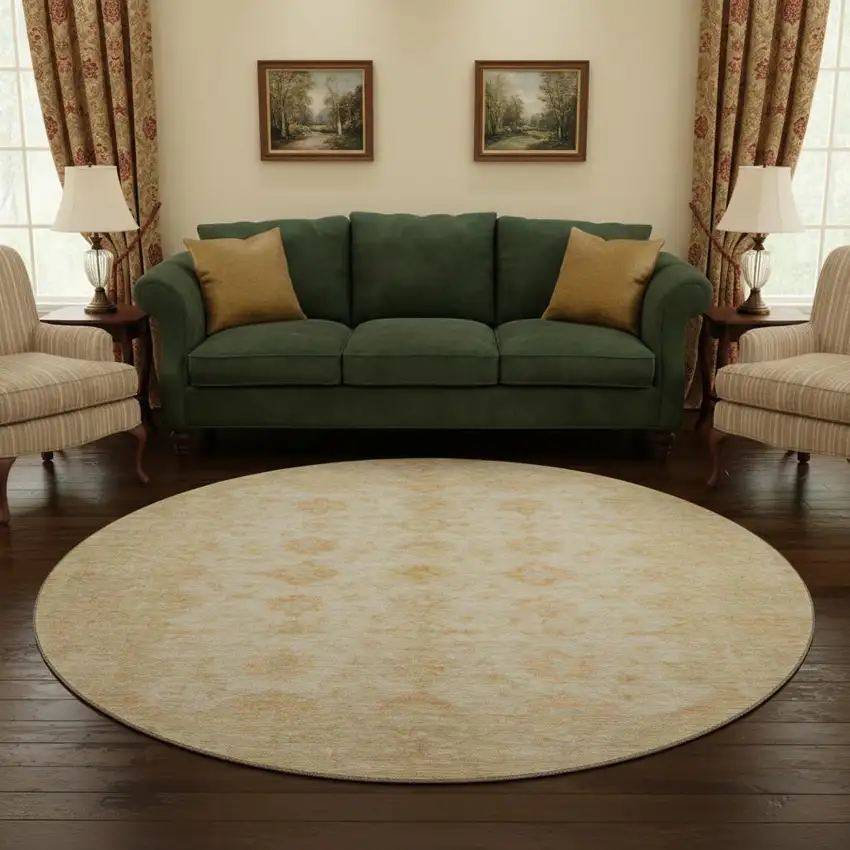 8' Beige And Copper Oriental Washable Round Rug With UV Protection Photo 2