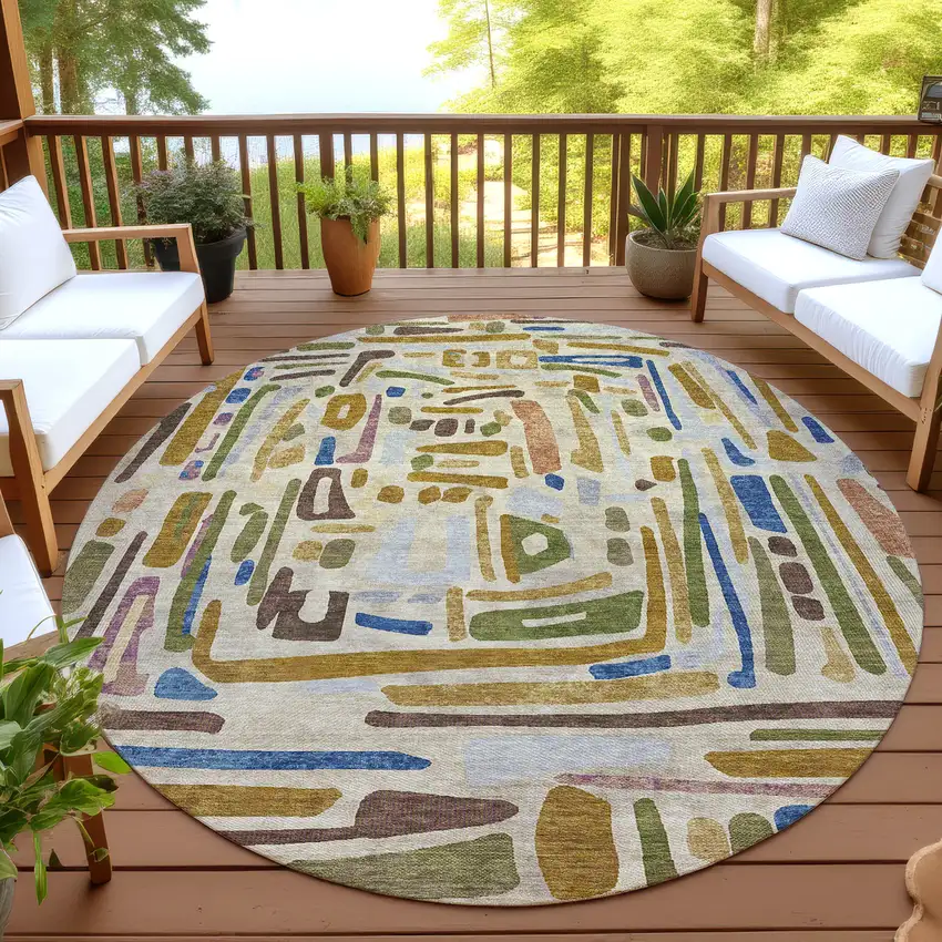 8' Beige And Copper Round Abstract Washable Indoor Outdoor Area Rug Photo 4