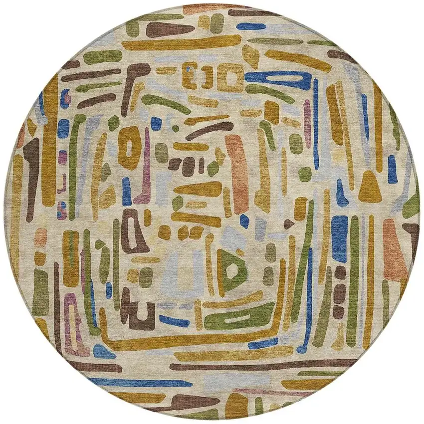 8' Beige And Copper Round Abstract Washable Indoor Outdoor Area Rug Photo 3