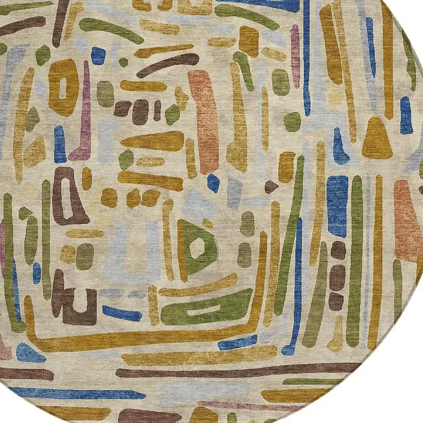 8' Beige And Copper Round Abstract Washable Indoor Outdoor Area Rug Photo 2