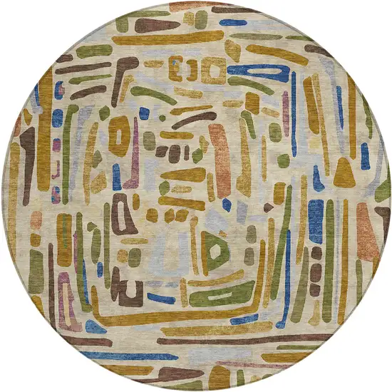 8' Beige And Copper Round Abstract Washable Indoor Outdoor Area Rug Photo 1