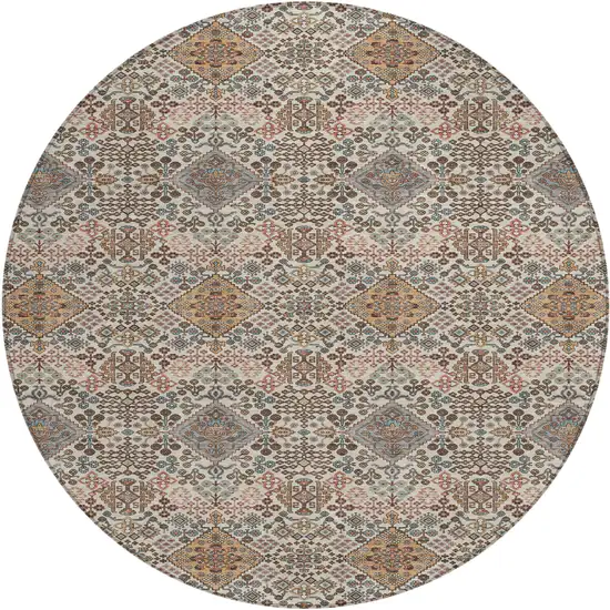 8' Beige And Copper Round Geometric Washable Indoor Outdoor Area Rug Photo 1