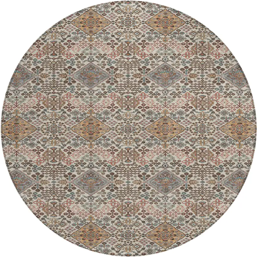 8' Beige And Copper Round Geometric Washable Indoor Outdoor Area Rug Photo 1