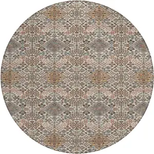 Photo of 8' Beige And Copper Round Geometric Washable Indoor Outdoor Area Rug