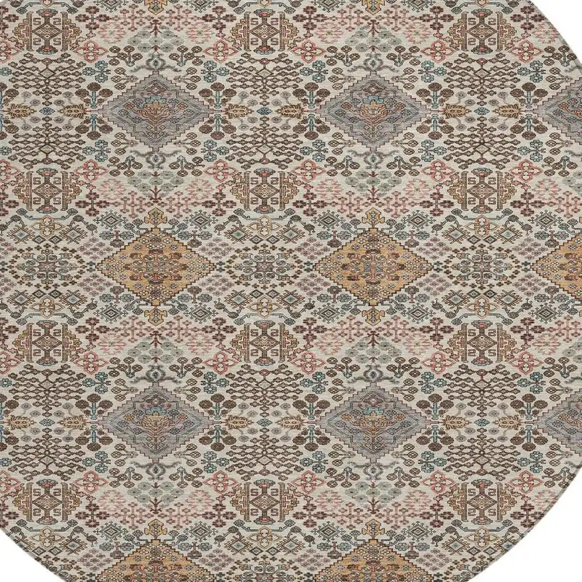8' Beige And Copper Round Geometric Washable Indoor Outdoor Area Rug Photo 2