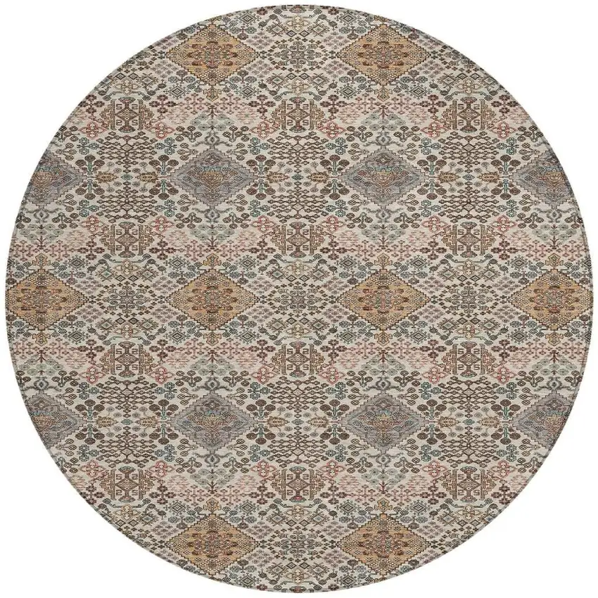 8' Beige And Copper Round Geometric Washable Indoor Outdoor Area Rug Photo 3