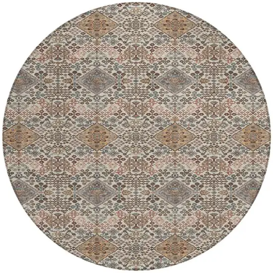 8' Beige And Copper Round Geometric Washable Indoor Outdoor Area Rug Photo 3
