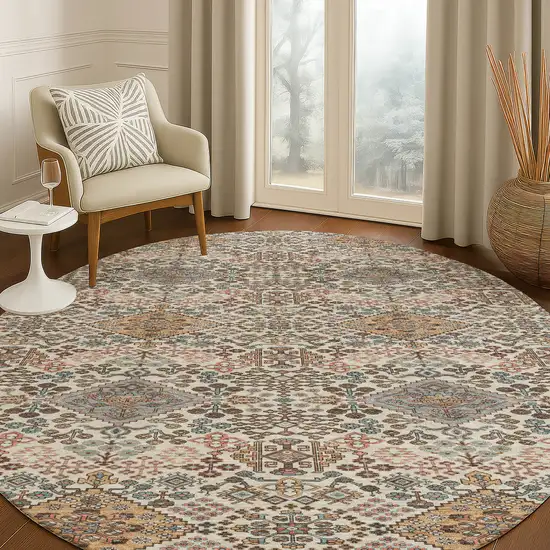 8' Beige And Copper Round Geometric Washable Indoor Outdoor Area Rug Photo 5