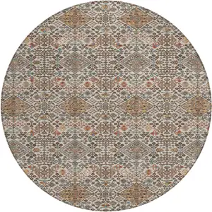 Photo of 8' Beige And Copper Round Geometric Washable Indoor Outdoor Area Rug