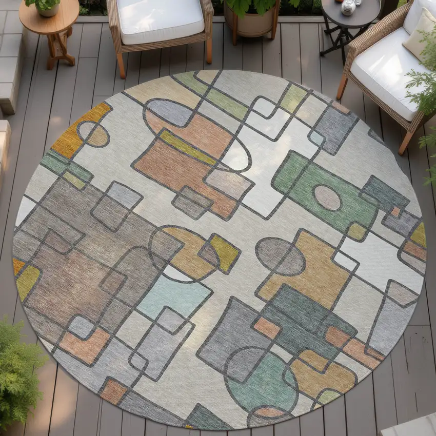 8' Beige And Copper Round Geometric Washable Indoor Outdoor Area Rug Photo 4