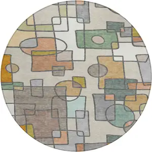 Photo of 8' Beige And Copper Round Geometric Washable Indoor Outdoor Area Rug