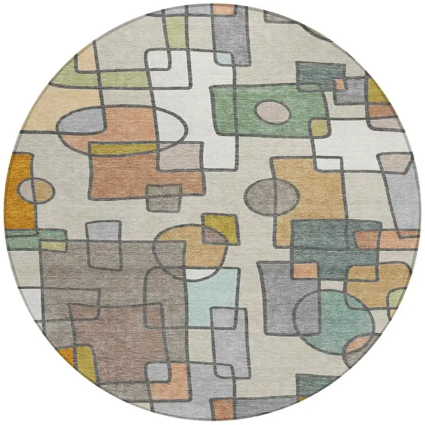 8' Beige And Copper Round Geometric Washable Indoor Outdoor Area Rug Photo 3