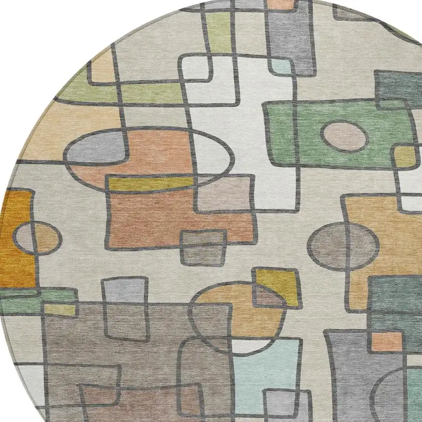 8' Beige And Copper Round Geometric Washable Indoor Outdoor Area Rug Photo 2