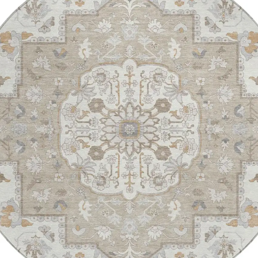 8' Beige And Copper Round Oriental Washable Indoor Outdoor Area Rug Photo 4