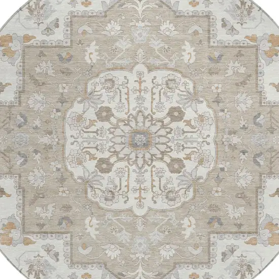 8' Beige And Copper Round Oriental Washable Indoor Outdoor Area Rug Photo 4