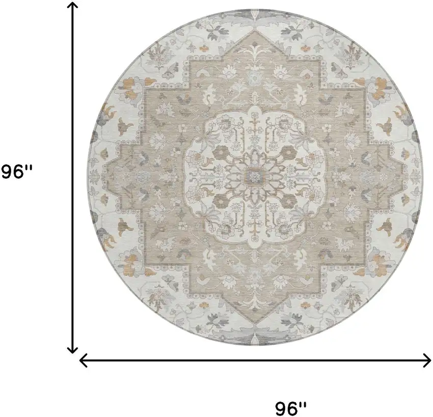 8' Beige And Copper Round Oriental Washable Indoor Outdoor Area Rug Photo 8