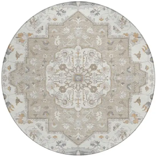 8' Beige And Copper Round Oriental Washable Indoor Outdoor Area Rug Photo 3