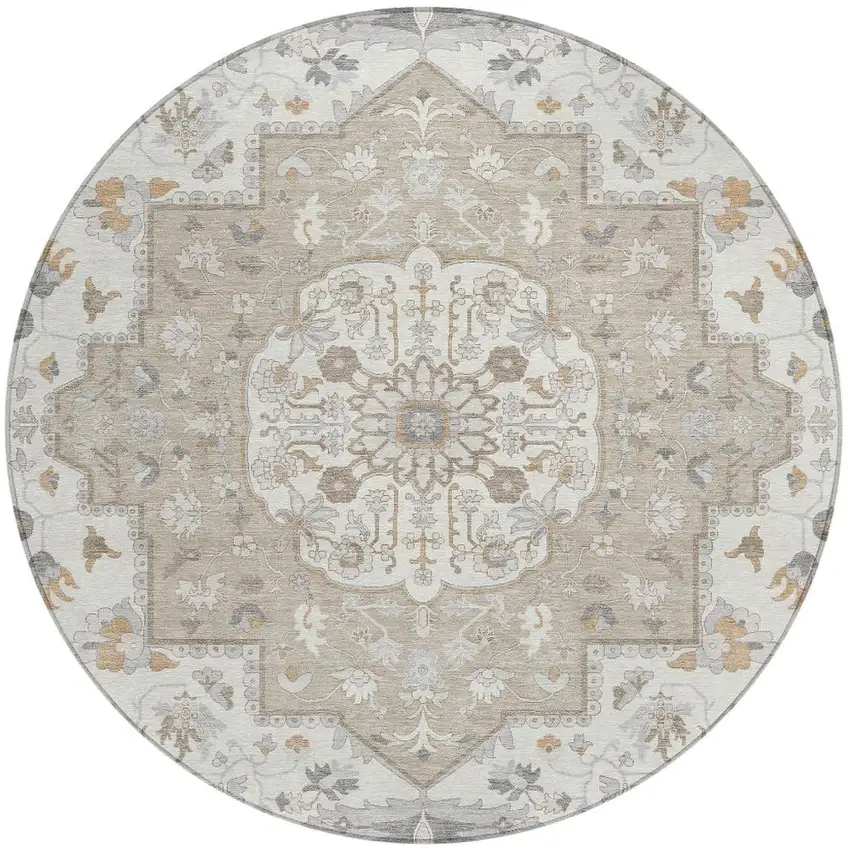 8' Beige And Copper Round Oriental Washable Indoor Outdoor Area Rug Photo 3