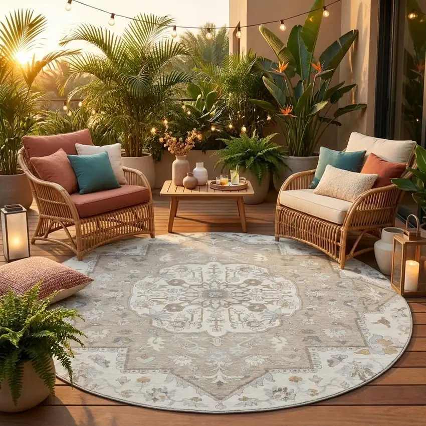 8' Beige And Copper Round Oriental Washable Indoor Outdoor Area Rug Photo 1