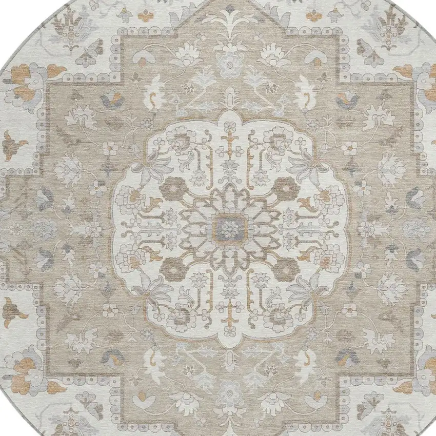 8' Beige And Copper Round Oriental Washable Indoor Outdoor Area Rug Photo 5