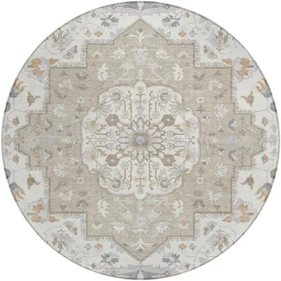8' Beige And Copper Round Oriental Washable Indoor Outdoor Area Rug Photo 2
