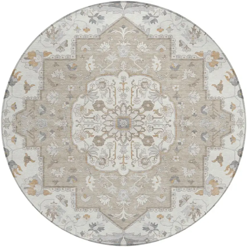 8' Beige And Copper Round Oriental Washable Indoor Outdoor Area Rug Photo 2