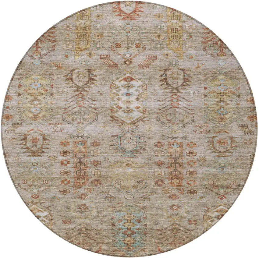 8' Beige And Copper Round Tribal Washable Indoor Outdoor Area Rug Photo 3